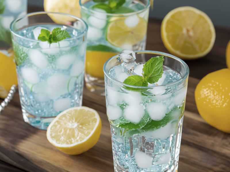 A cocktail glass filled with sparkling water, lime slices, mint, and blueberries on a wooden board.