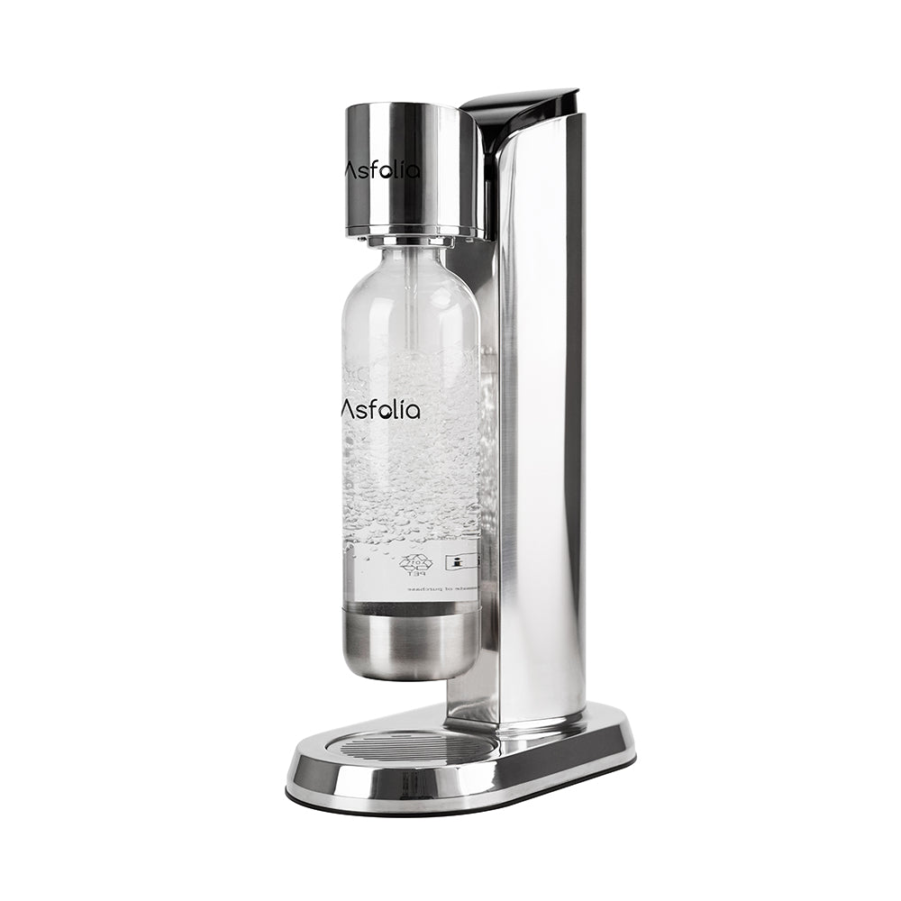 AGAVE Sparkling Water Maker with a sleek full-metal body, featuring a transparent bottle filled with carbonated water