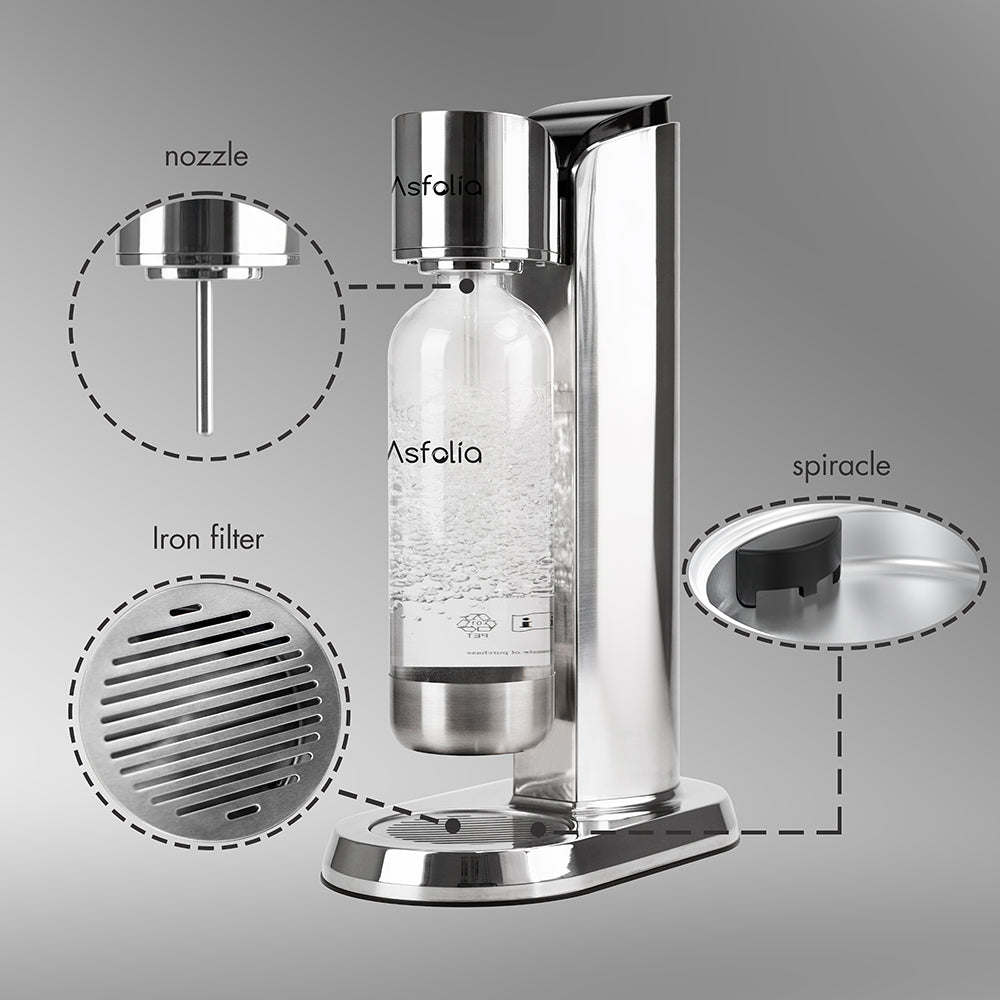 Detailed view of the AGAVE Sparkling Water Maker showcasing the nozzle, iron filter, and spiracle components