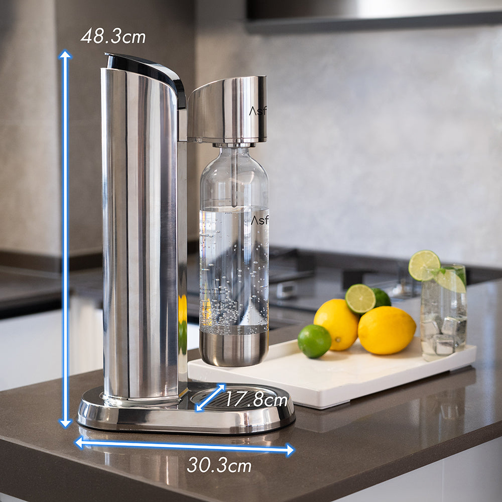 AGAVE Sparkling Water Maker displayed on a kitchen counter with dimensions labelled