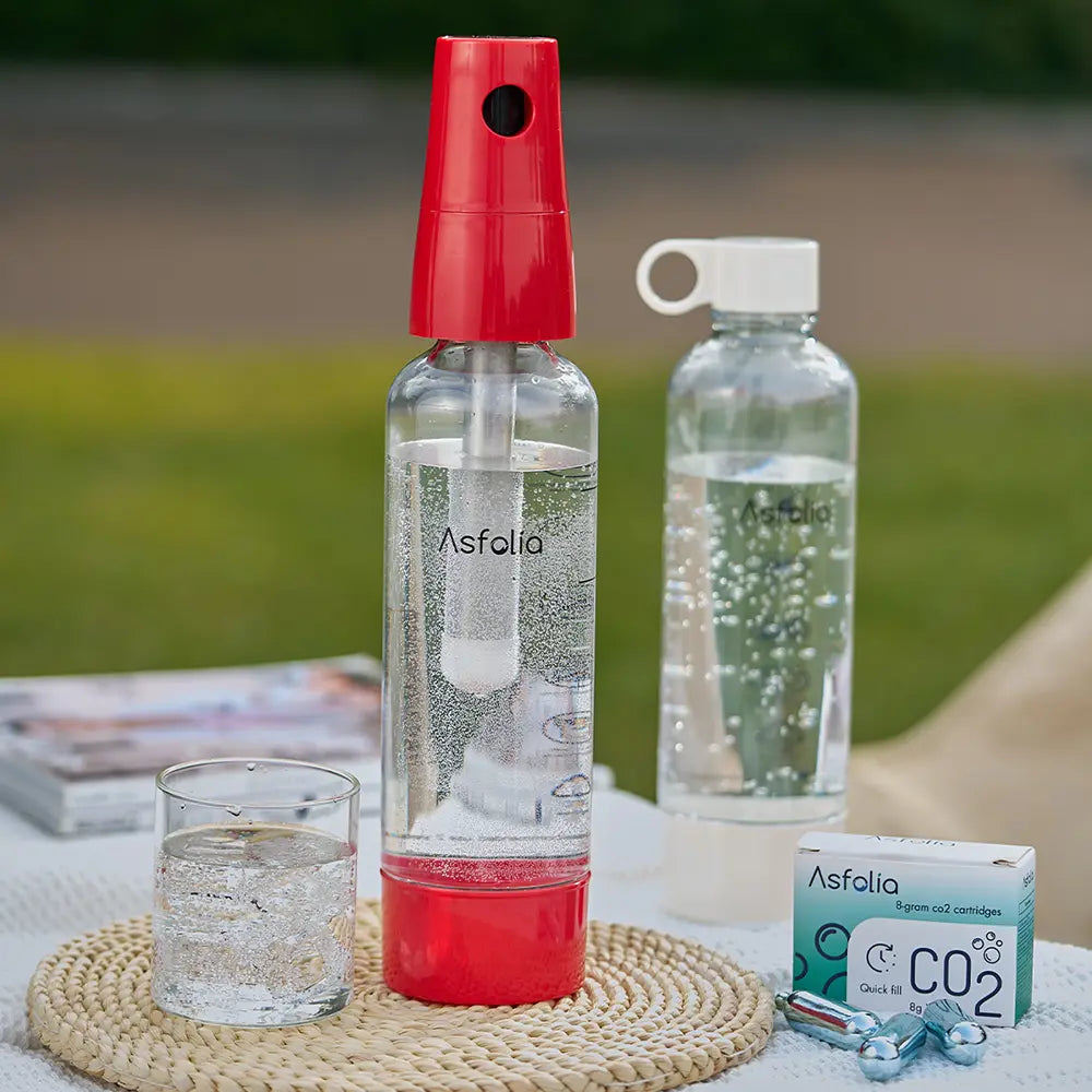 Asfolia Portable Soda Maker on table - Red#color_red