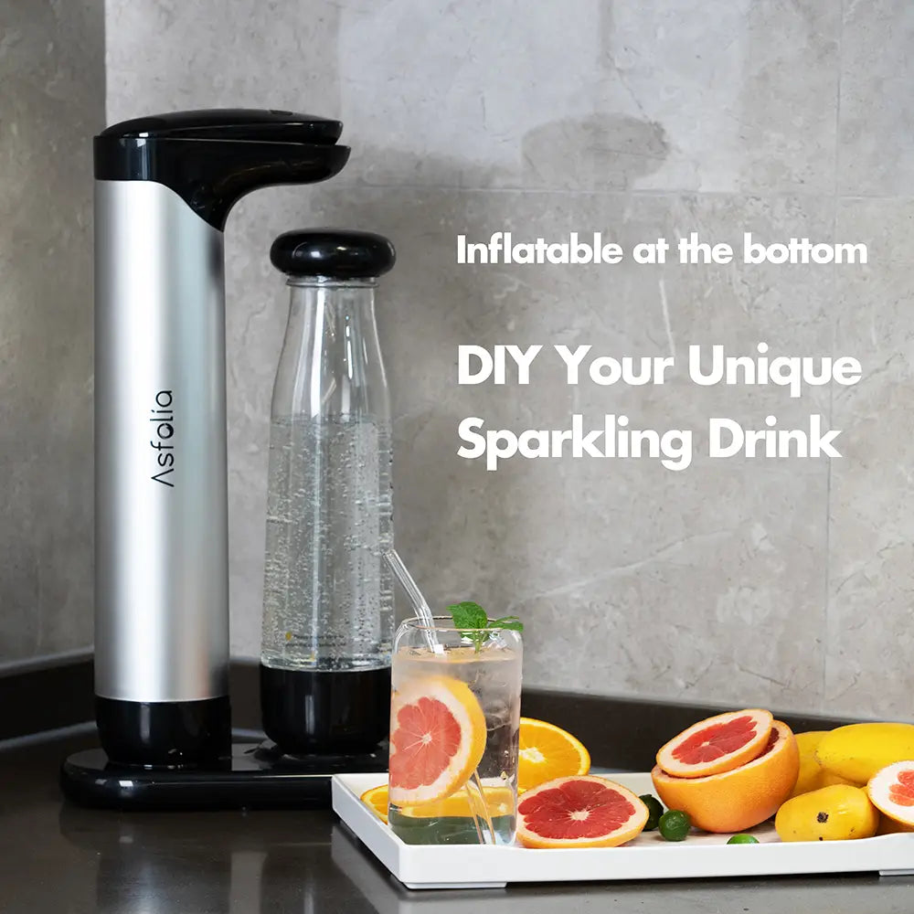 Asfolia's sparkling water maker and fruit are on the table.